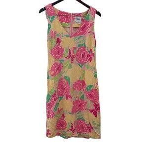 Vintage Lilly Pulitzer pink yellow green floral silk shift dress sleeveless
